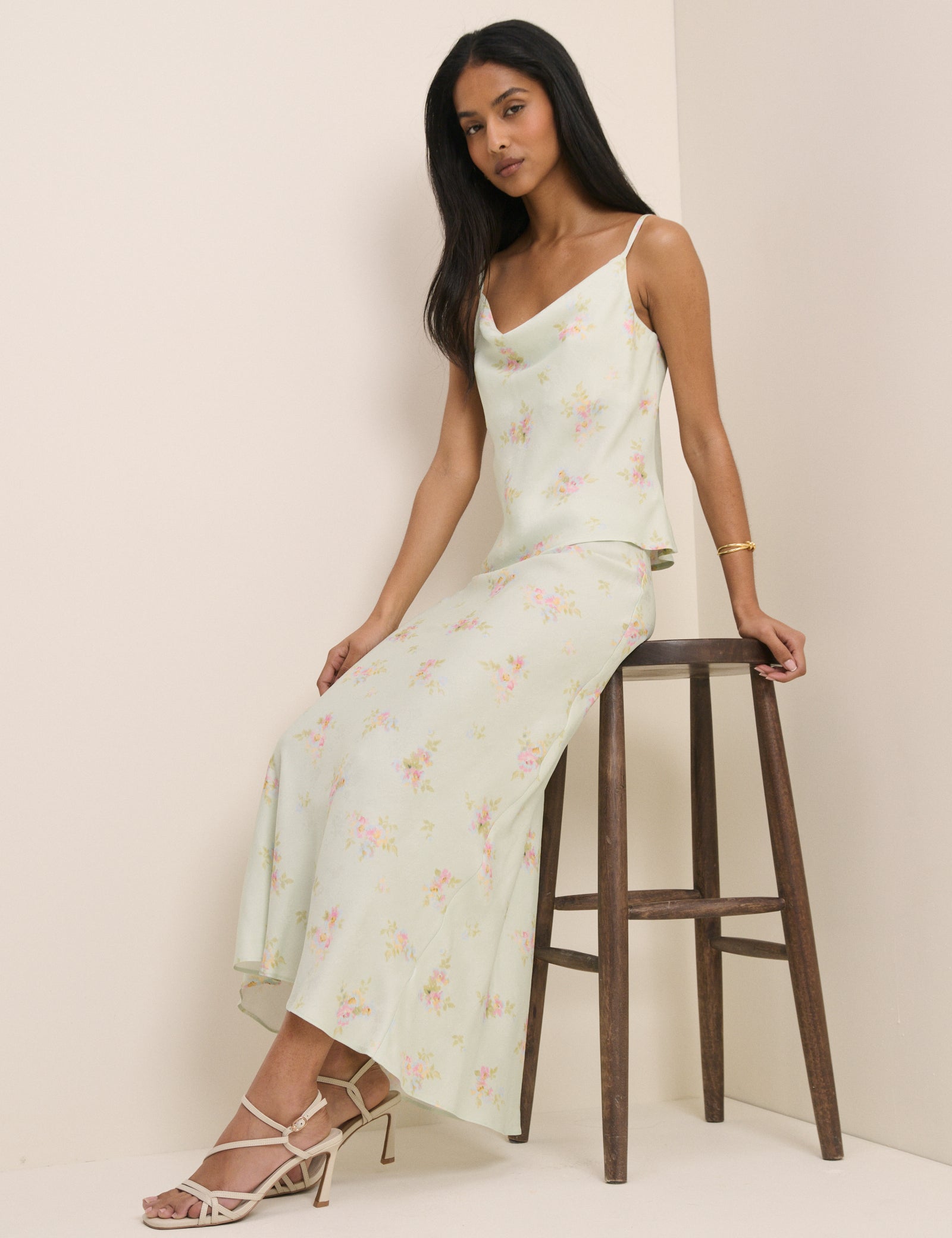 Mint Blue Floral Satin Maxi Skirt