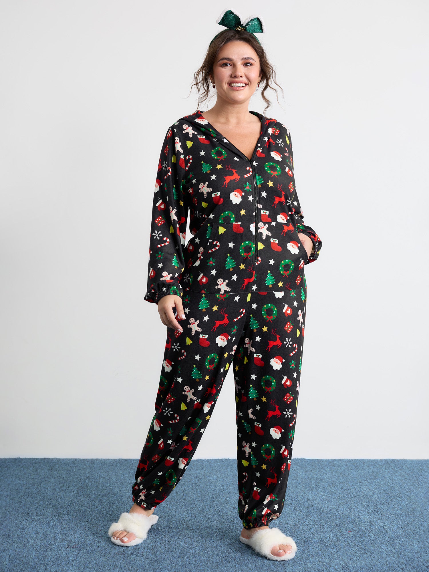 Holiday Spirit Pockets Hooded Lounge Jumpsuit
