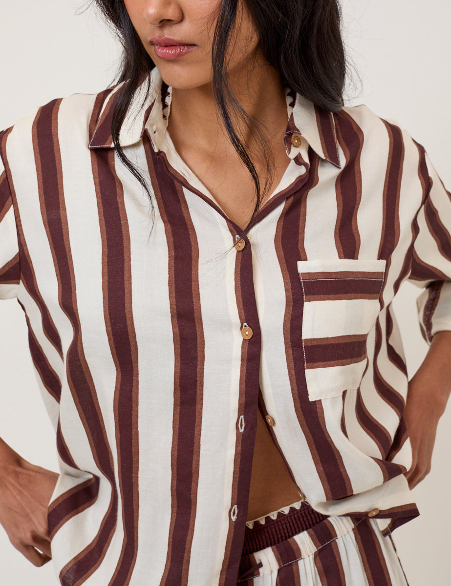 Brown Stripe Linen-Blend Shirt
