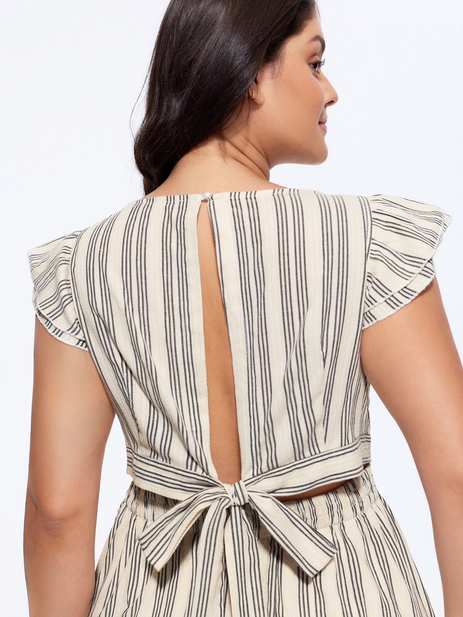 Striped Print Open Back Tied Midi Dress