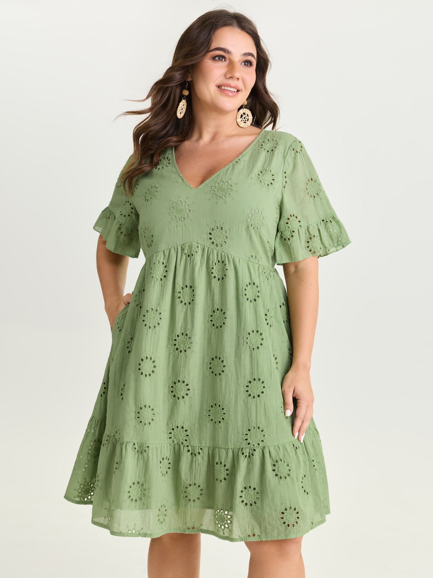 Eyelet Embroidered Ruffled Sleeve Mini Dress