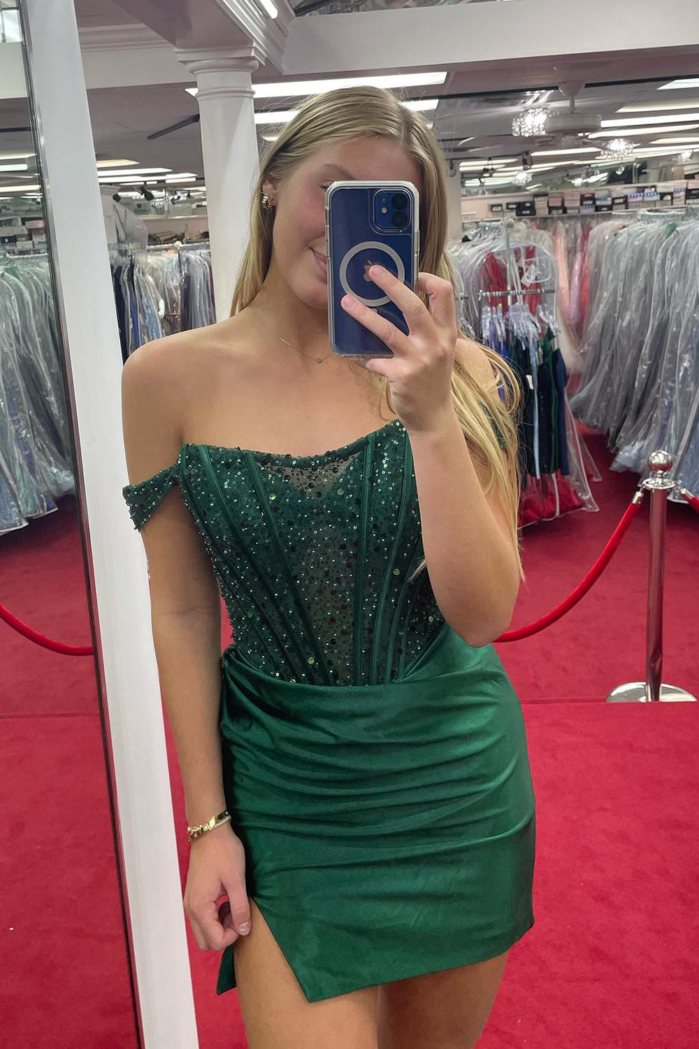 Sparkly Dark Green Detachable Off the Shoulder Satin Tight Short Homecoming Dress/Mini Dress with Sequins