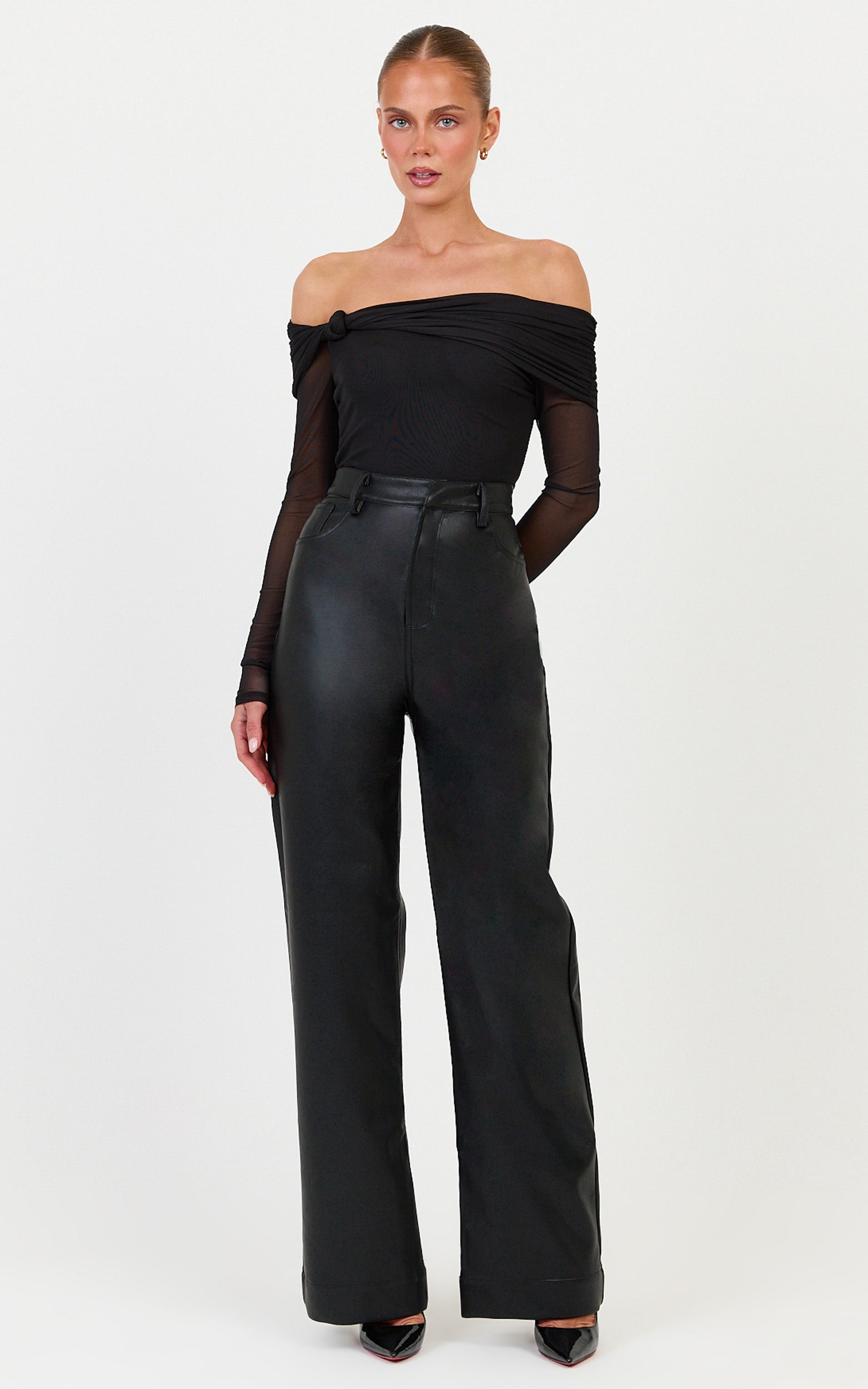 Amy Bodysuit - Off The Shoulder Long Sleeve Bodysuit with Twist Neck Detail in Black