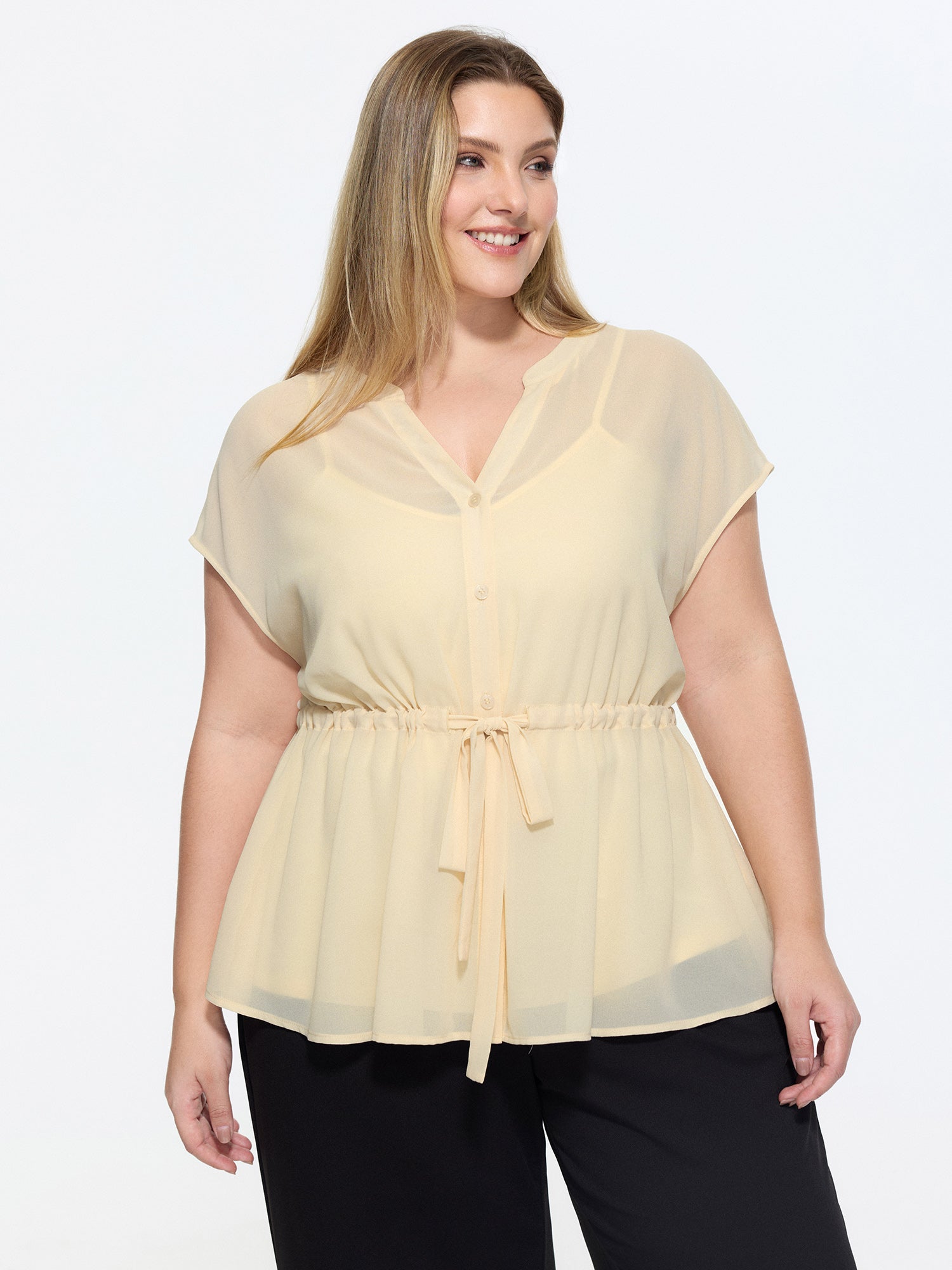 Sheer Drawstring Waist Notched Collar Blouse