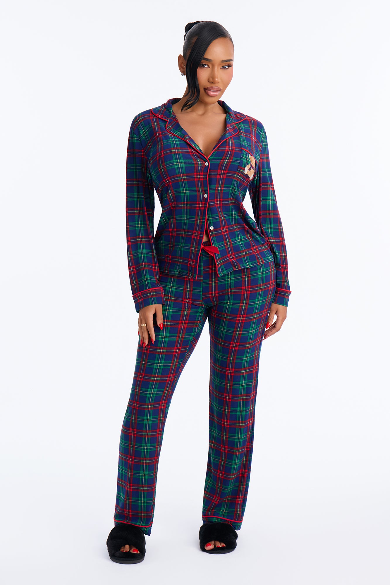 Just Cozy Plaid Teddy Bear Contrast Long Sleeve PJ Pant Set - Blue/combo