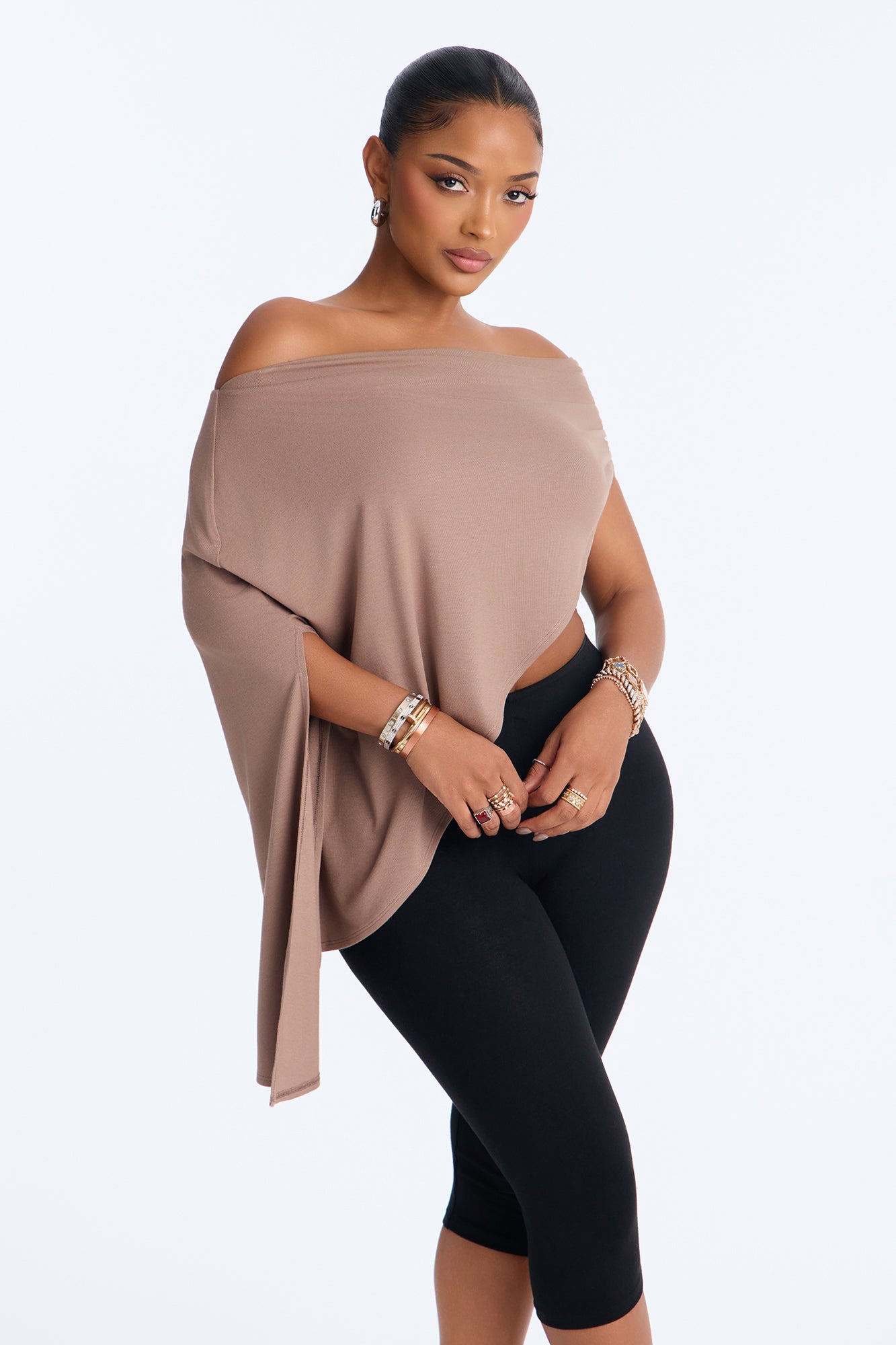 Ayda Off Shoulder Asymmetrical Poncho Top - Stone