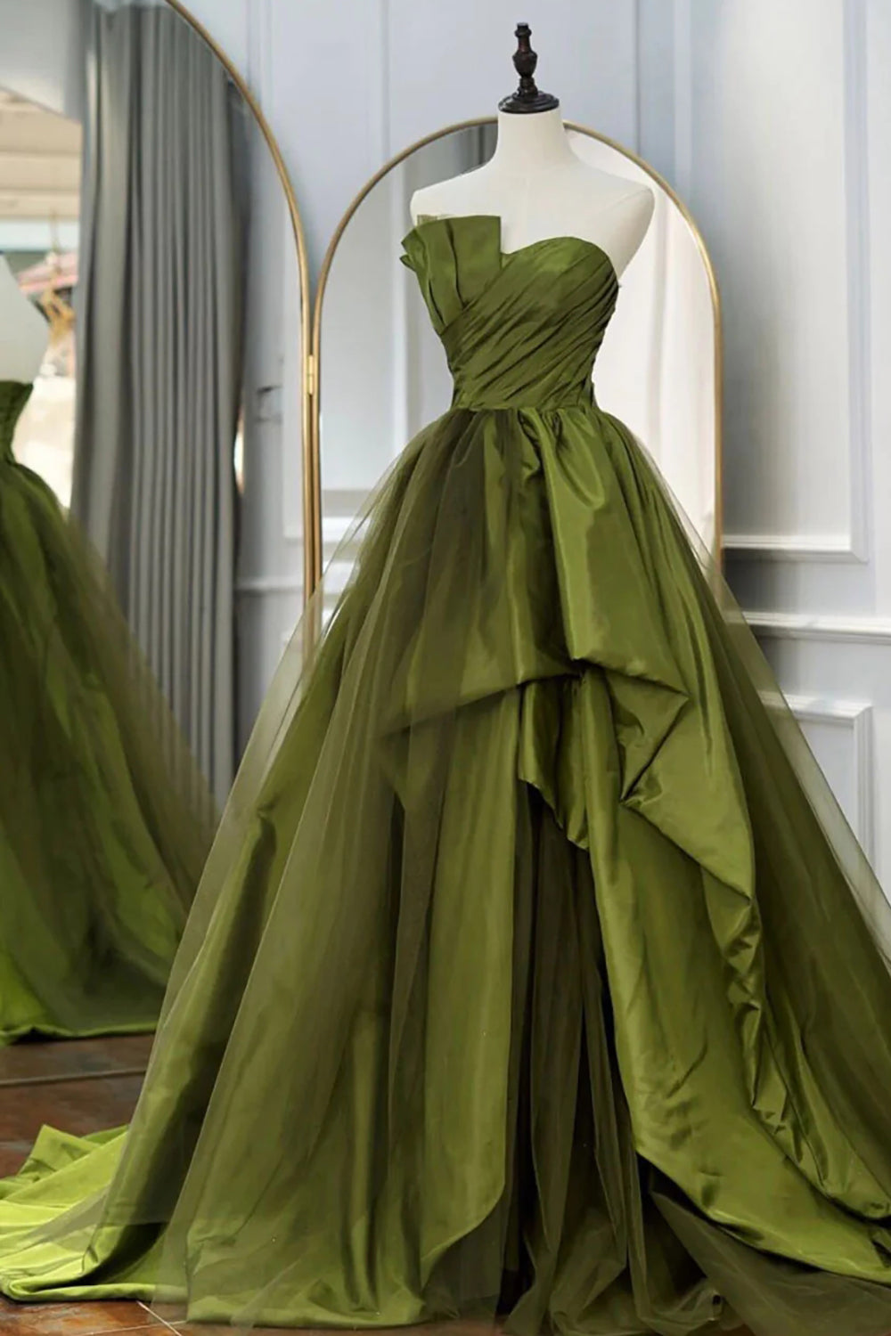 Long Green Prom Dress with Asymmetrical Ruffled Strapless A-Line