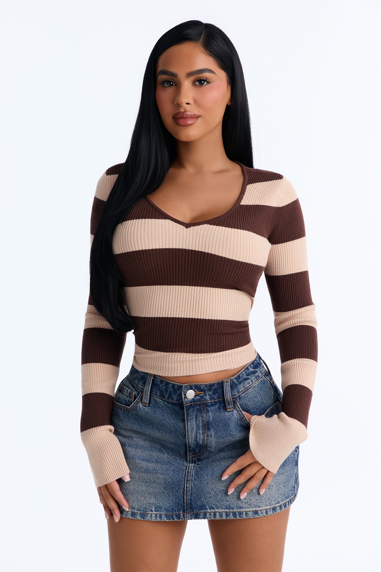 Tania Striped Long Sleeve Sweater - Brown/combo