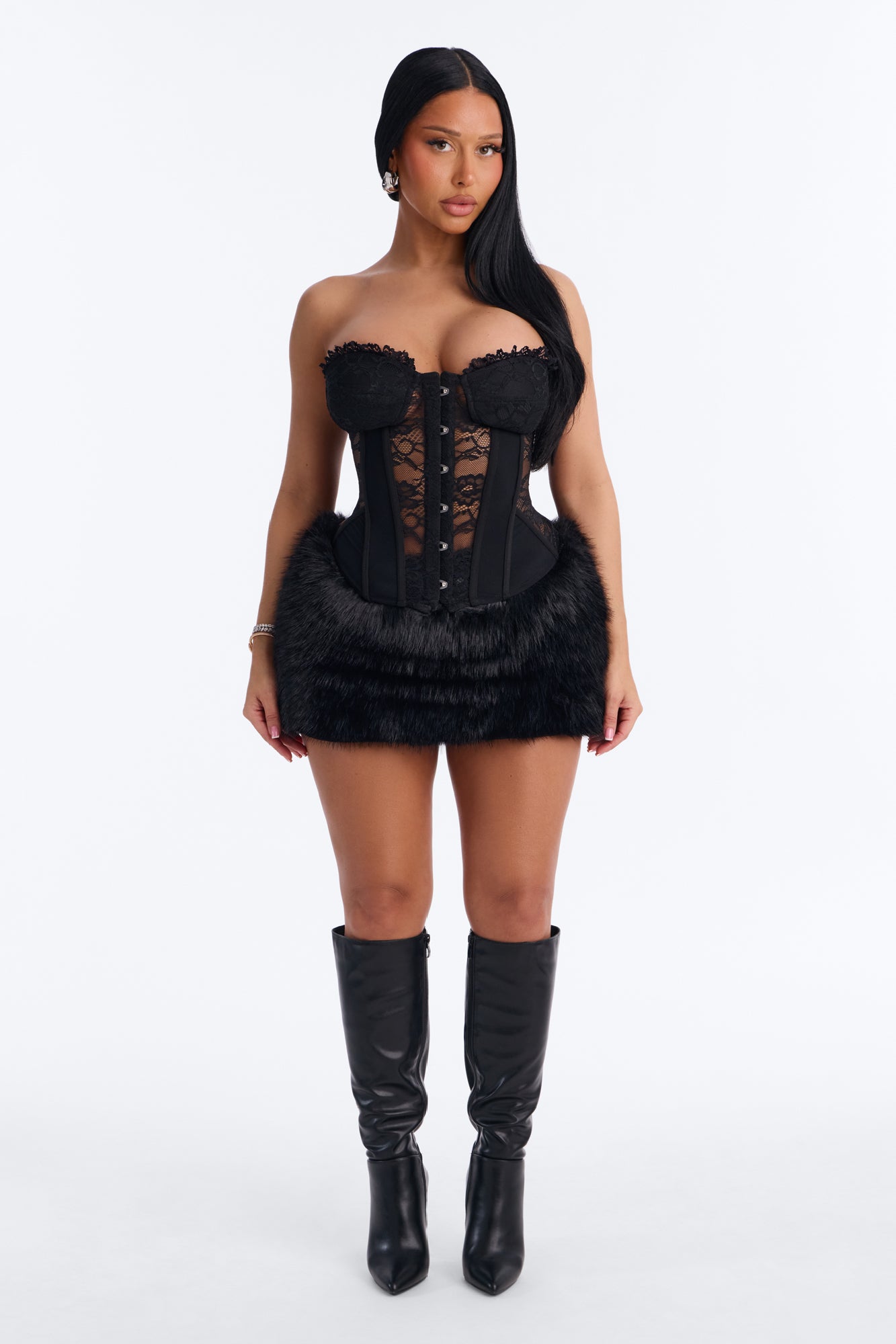 Rila Faux Fur Skirt Set - Black