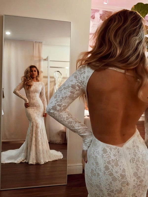 Trendy Backless Long Sleeves Lace Mermaid Chapel Train Wedding Dresses