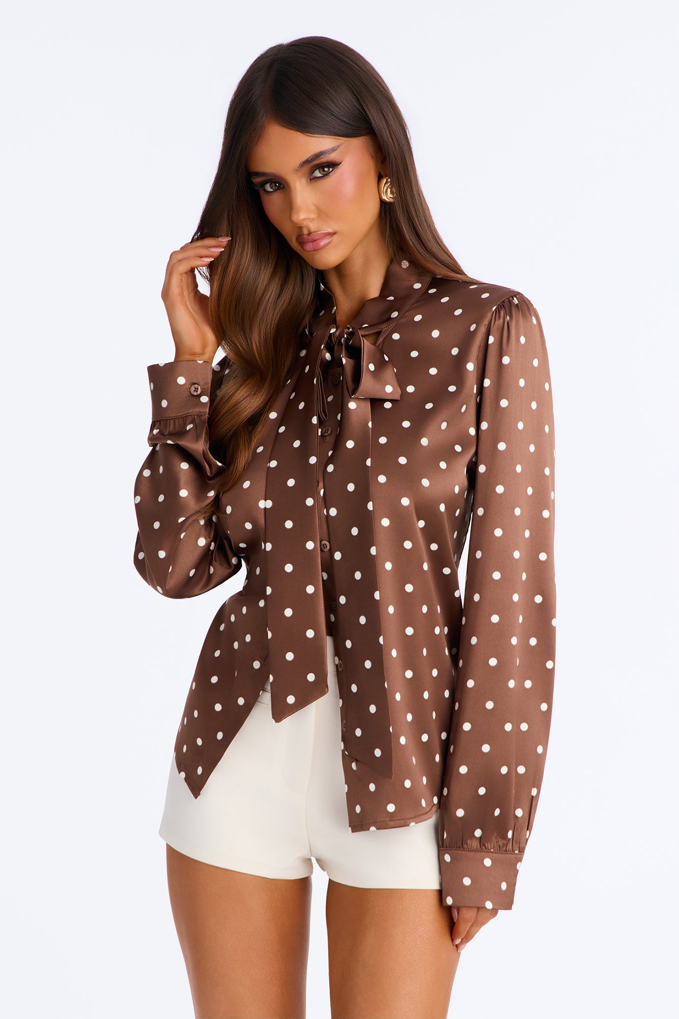 The Soft Life Satin Polka Dot Blouse - Brown/combo