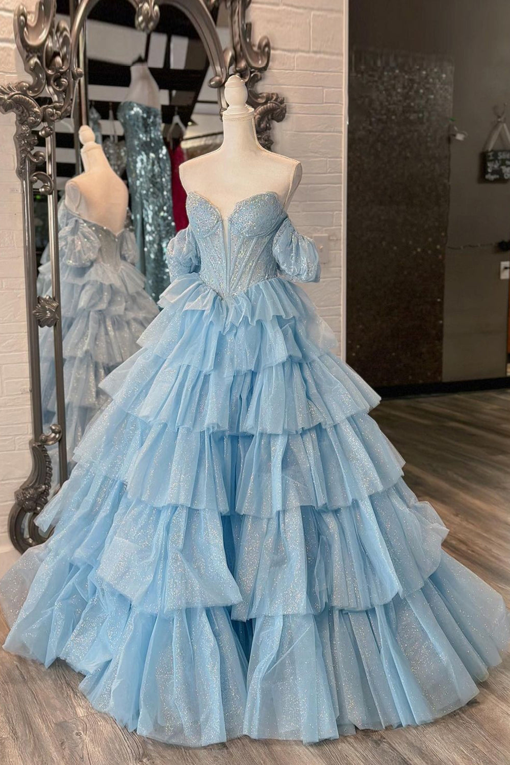 Blue Sparkle Corset Prom Dress with Beading 鈥?Off-Shoulder A-Line Tulle Tiered Long