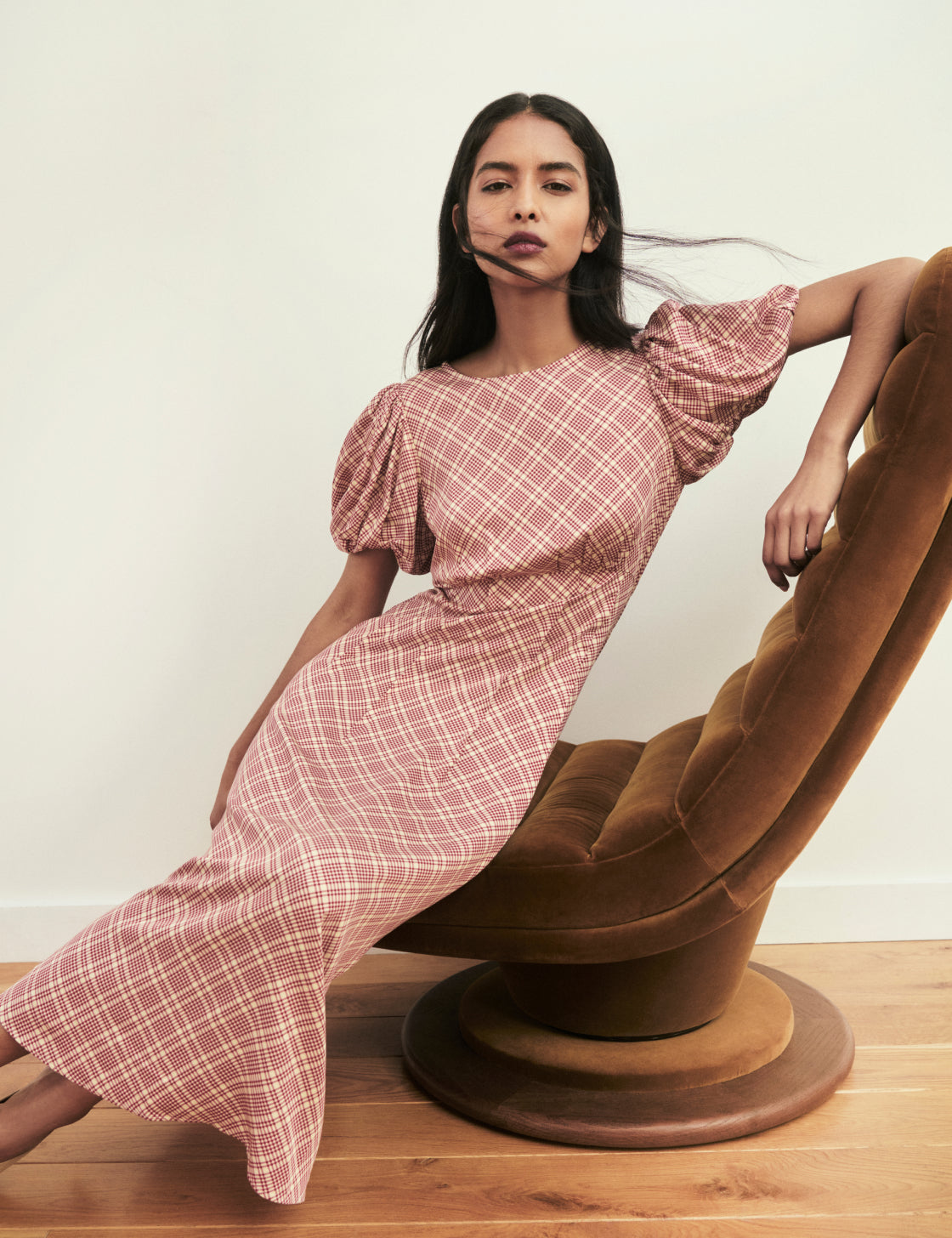 Red Check Puff Sleeve Quinn Midi Dress