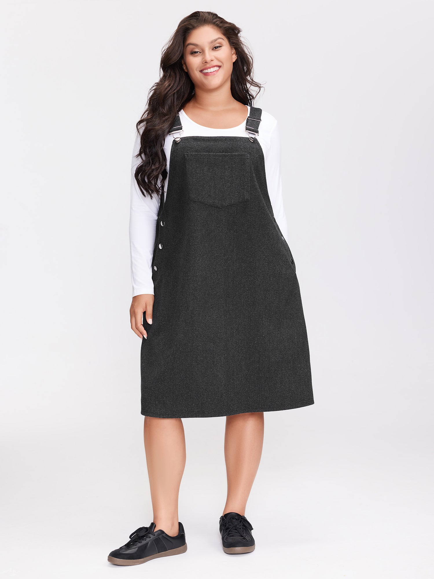 Woolen Pockets Adjustable Buttons Midi Dress