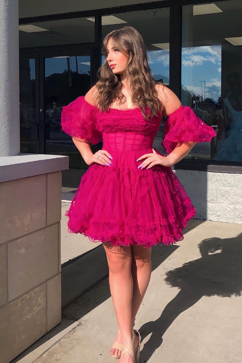 Fuchsia Corset Puff Sleeves A-Line Short Tulle Homecoming Dress/Mini Dress with Ruffles