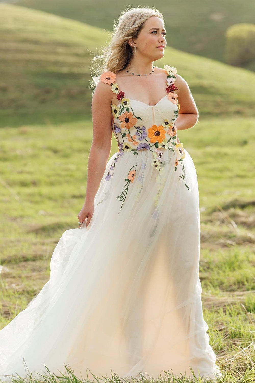 Champagne Long Prom Dress with Spaghetti Straps and Appliques in A-Line Style