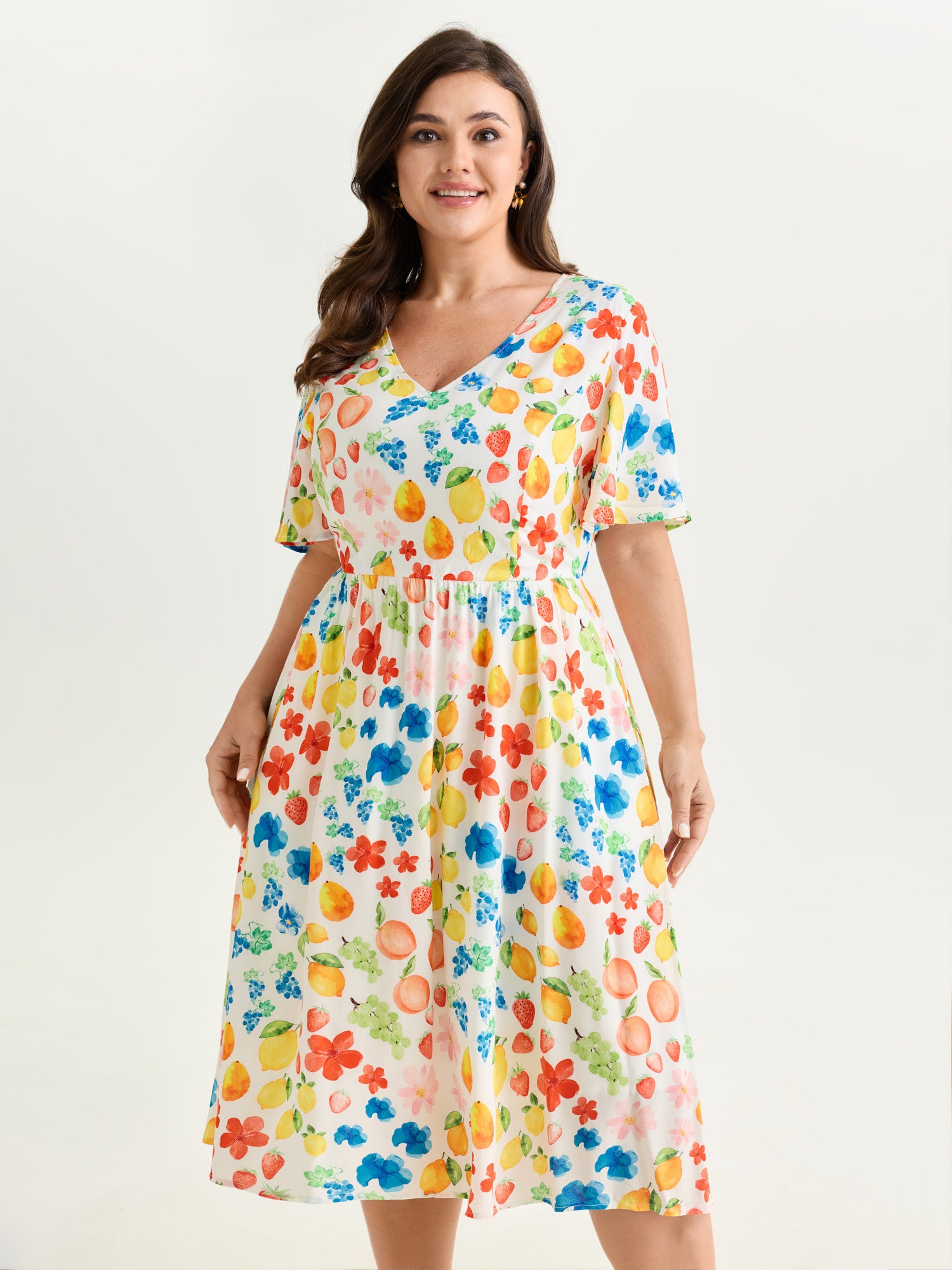 Colorful Fruit Print V-Neck Midi Dress
