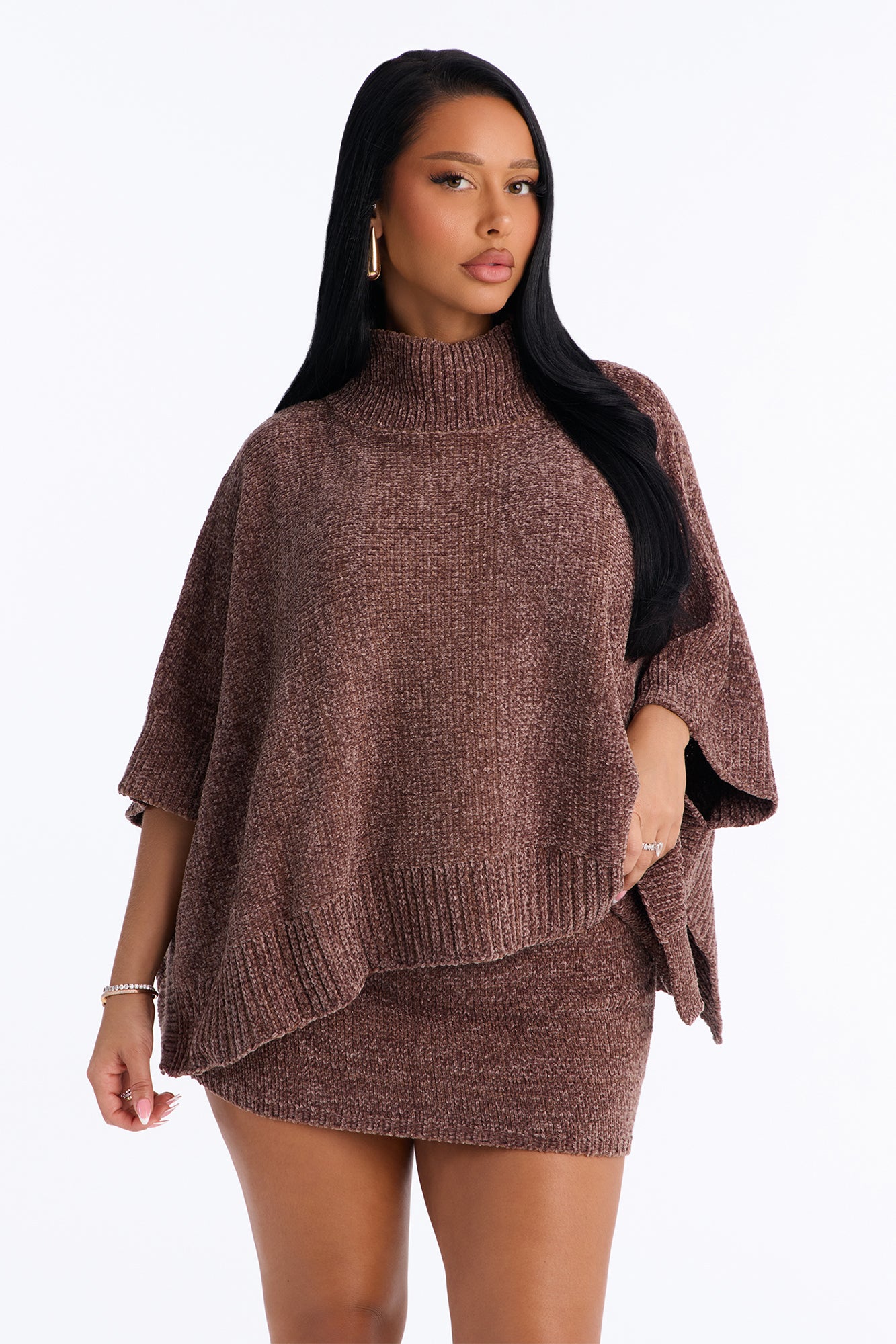 Erica Sweater Poncho Skirt Set - Mocha