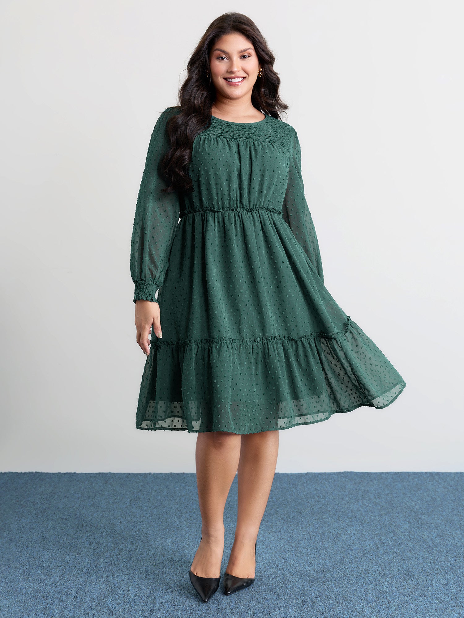 Chiffon Textured Shirred Ruffled Mini Dress