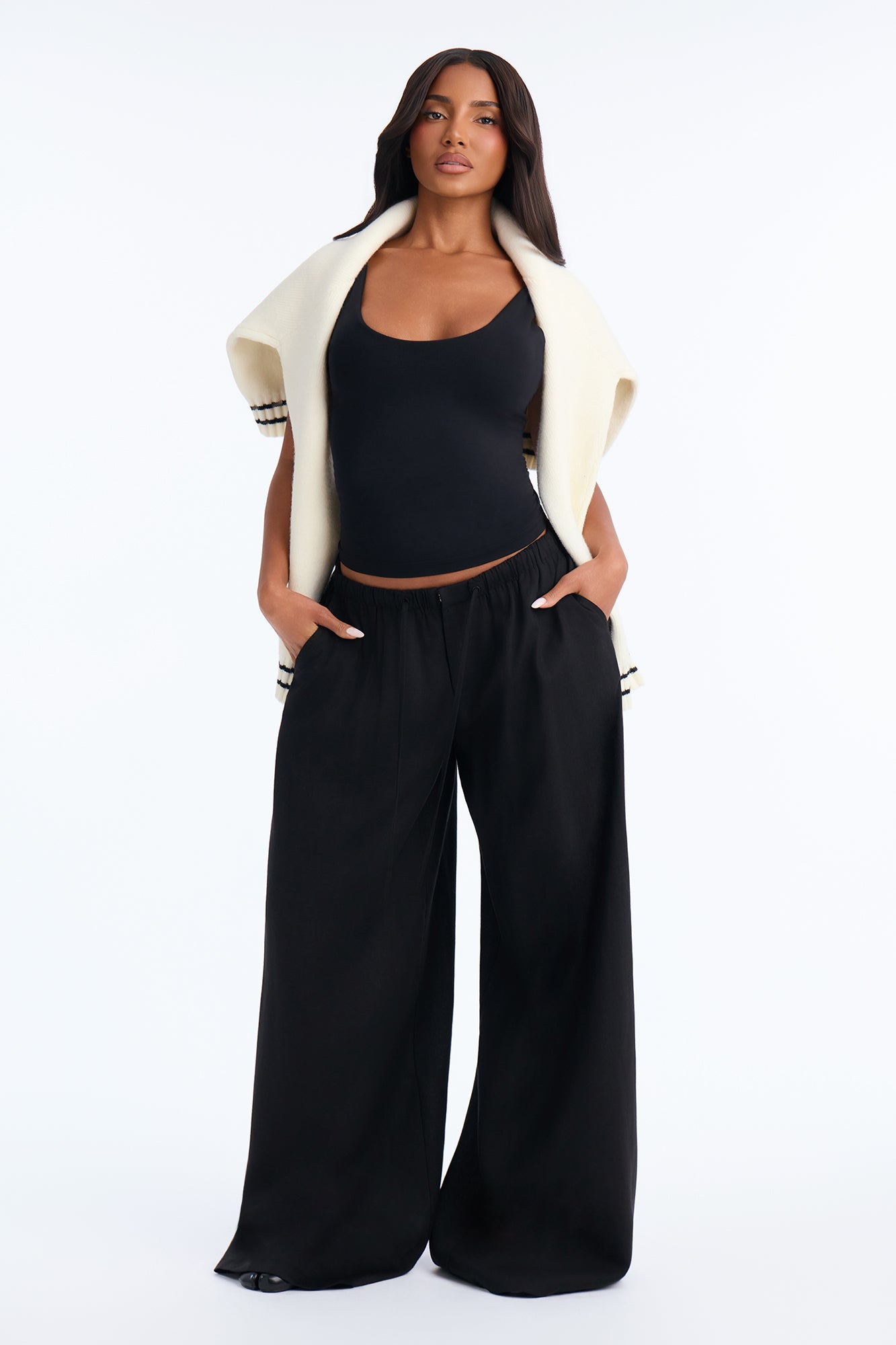Heat Wave Linen Wide Leg Drawstring Pant - Black