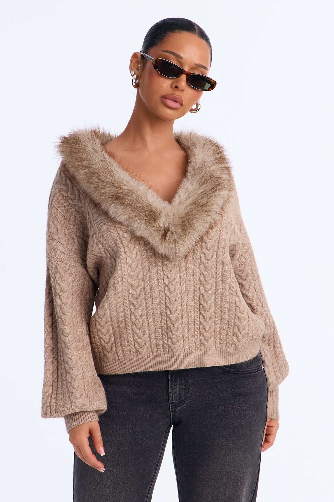 Fully Yours Fur Cable Knit Pullover Sweater - Taupe