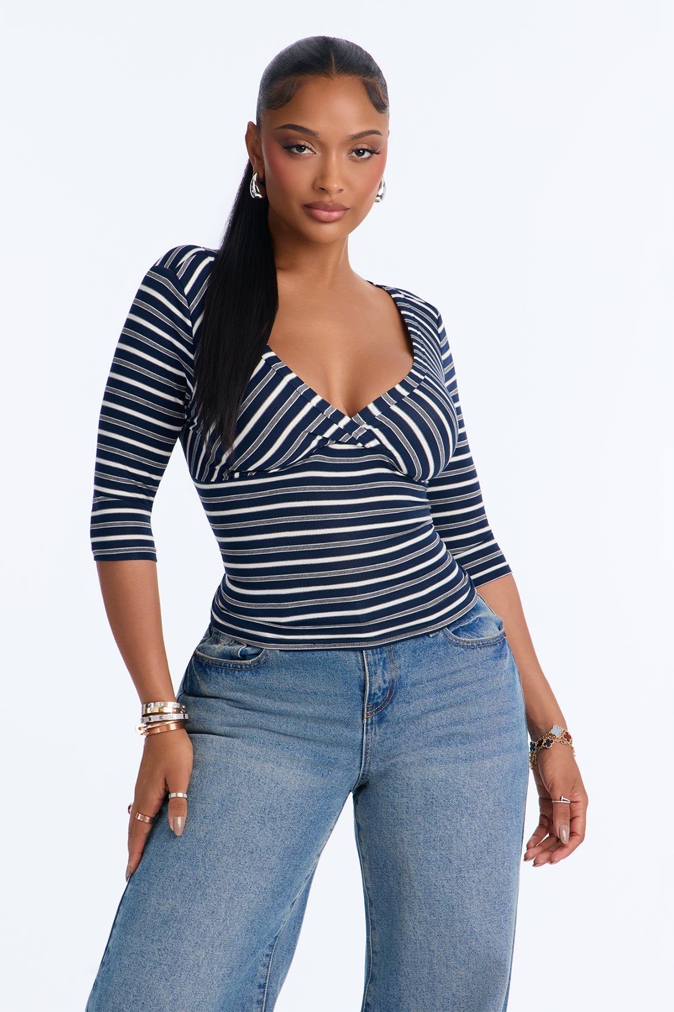 Noah Striped V-Neck 3/4 Sleeve Top - Navy/combo