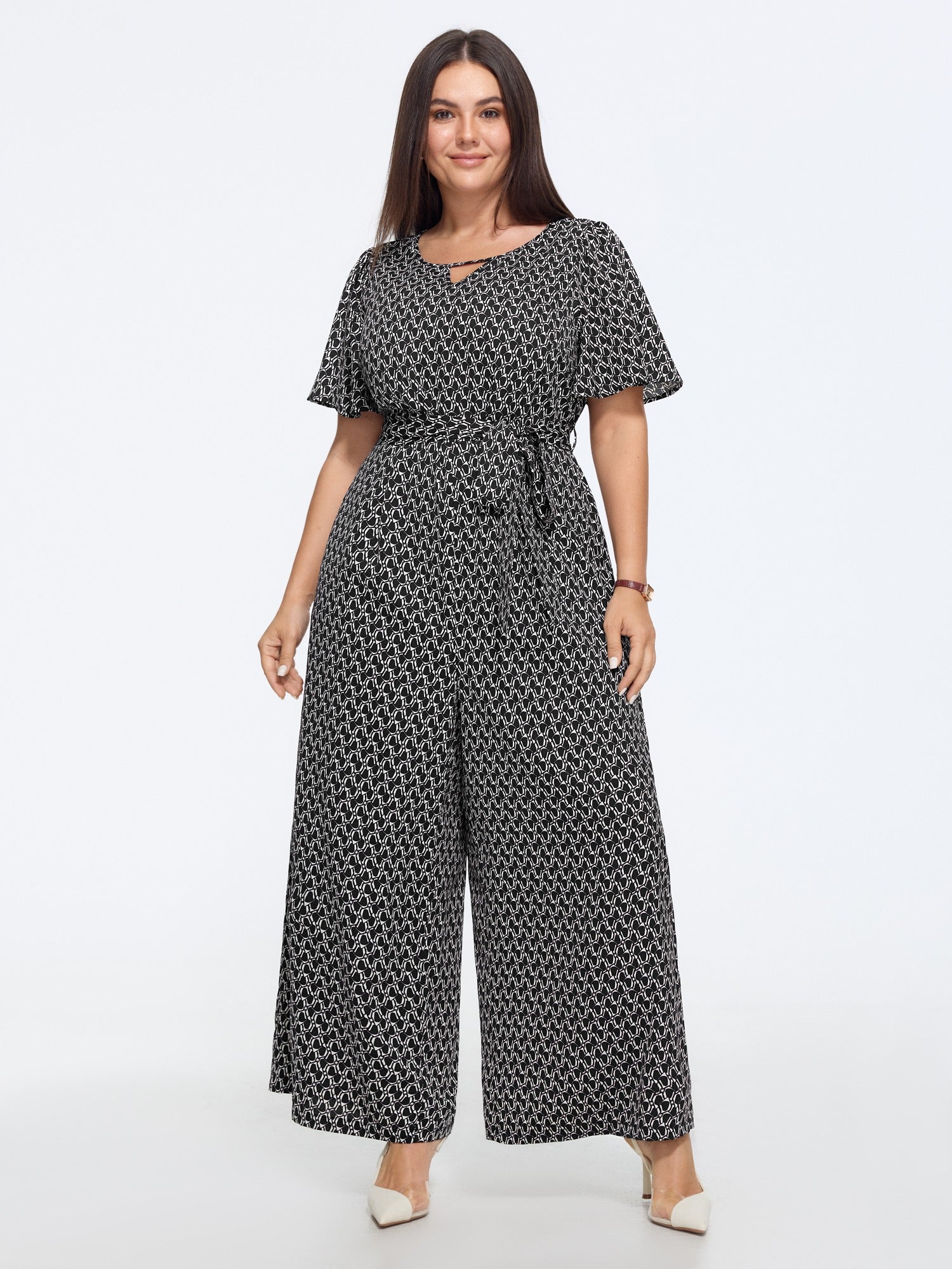 Geometric Print Waist Tie Wide Leg Jumpsuit