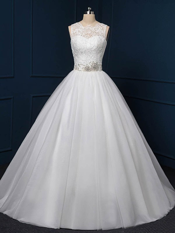 Elegant Ball Gown Sleeveless Tulle lace Sweep Train Wedding Dresses with Sash