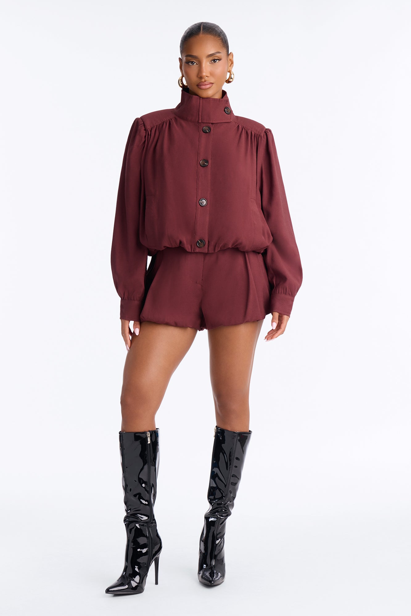 Bethany Bubble Hem Short Set - Wine