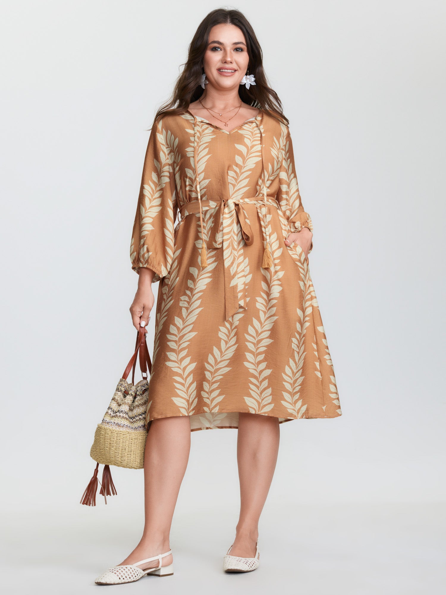Leaf Print Waist-Tie Round Neck Mini Dress
