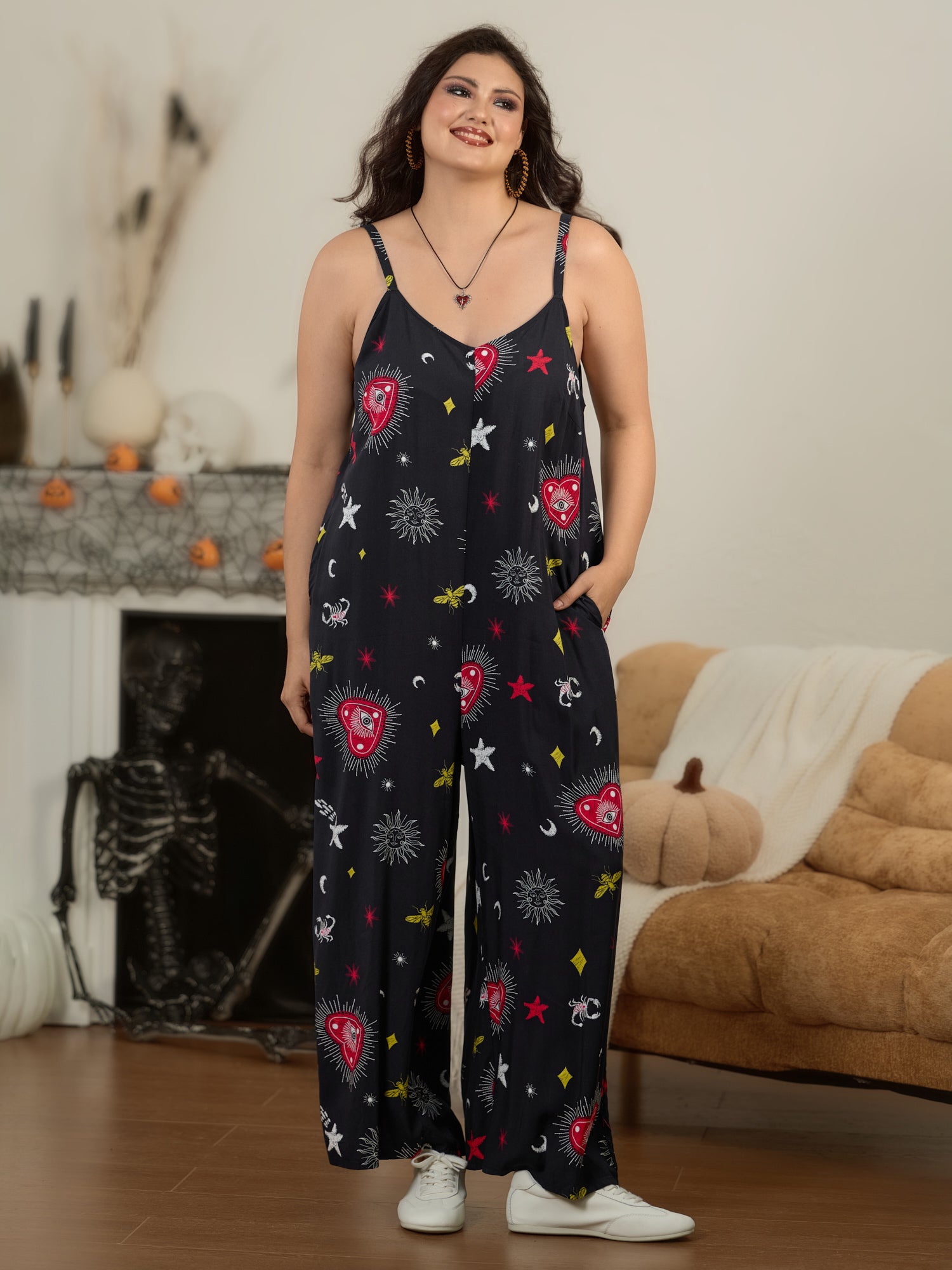 Mystical Witchy Print Backless Wide Leg Jumpsuit