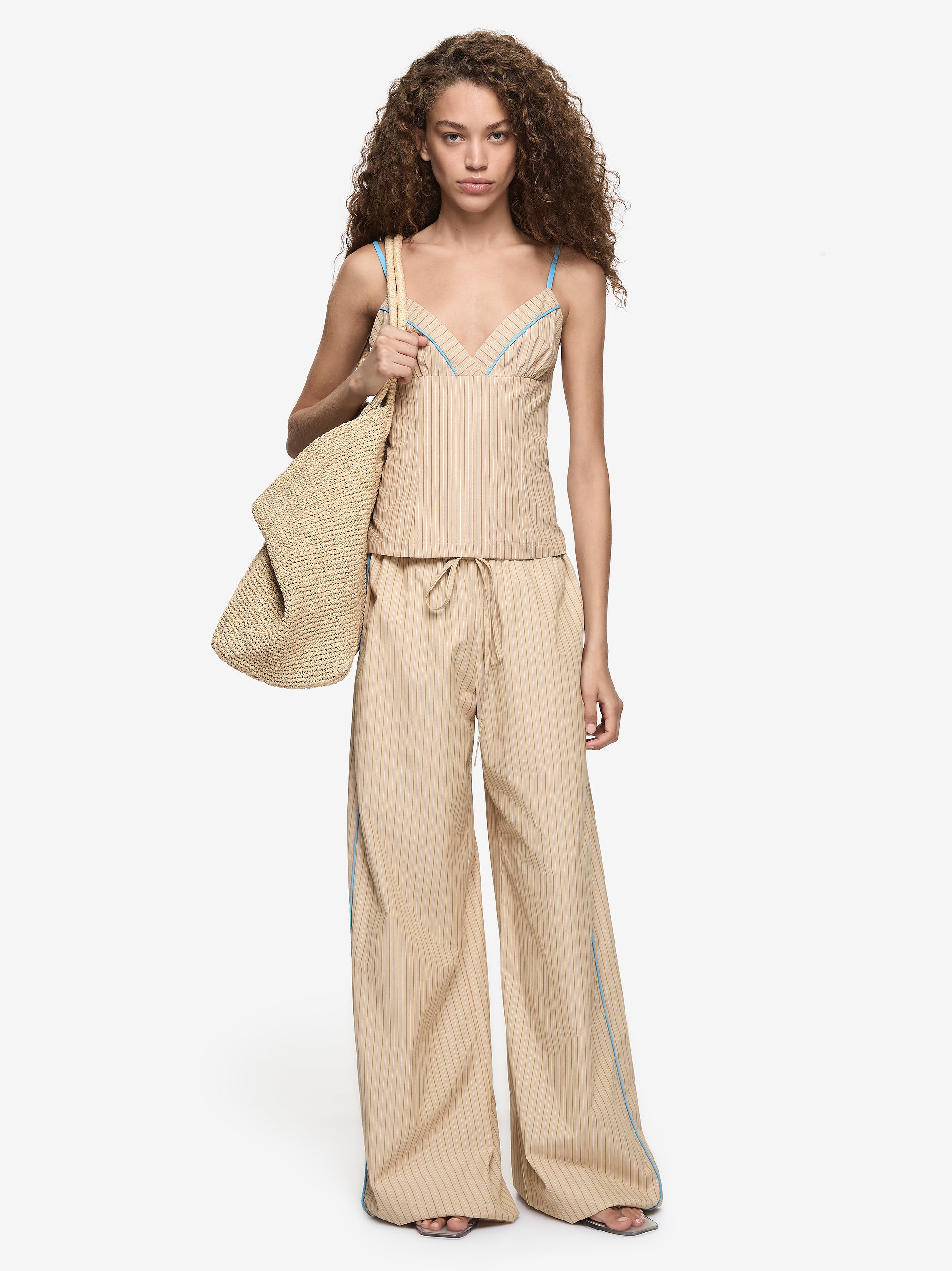 ZANDA DRAWSTRING PANT - TAN PINSTRIPE/AZURE BLUE
