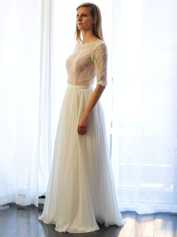 Fabulous A-Line Jewel Neck Half Sleeves Lace Chiffon Floor-Length Wedding Dresses