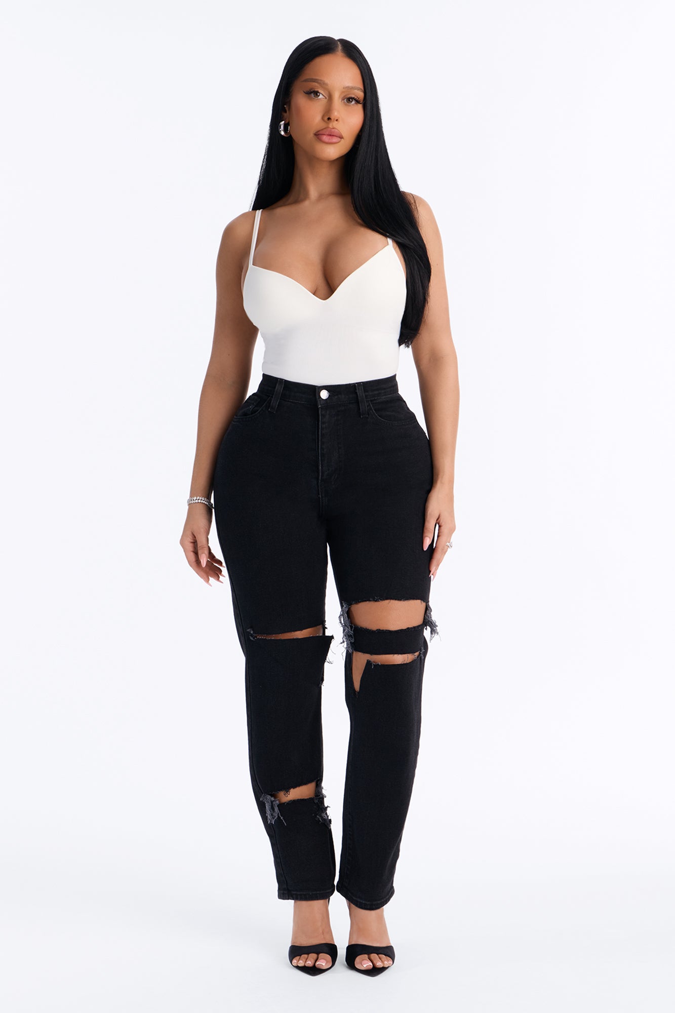 Dallas High Rise Ripped Roll Cuff Mom Jeans - Black Wash