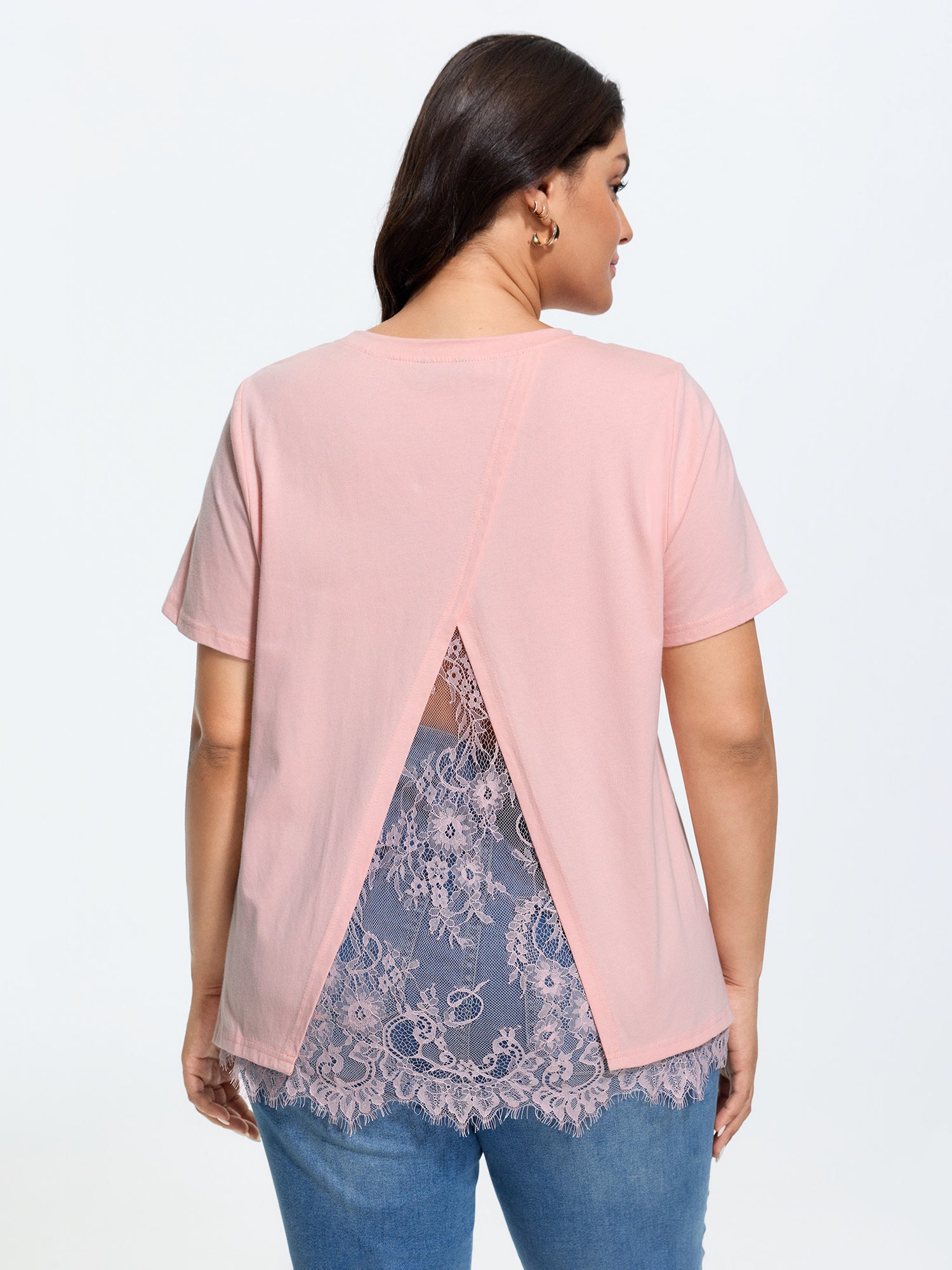 Cotton Lace Split Back Plain T-Shirt