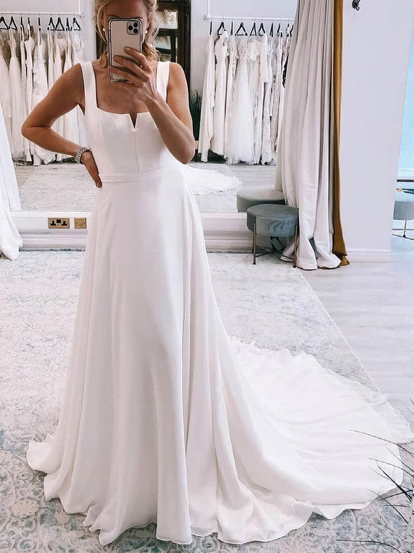 Trendy A-Line Square Neck Sleeveless Chiffon Wedding Dresses