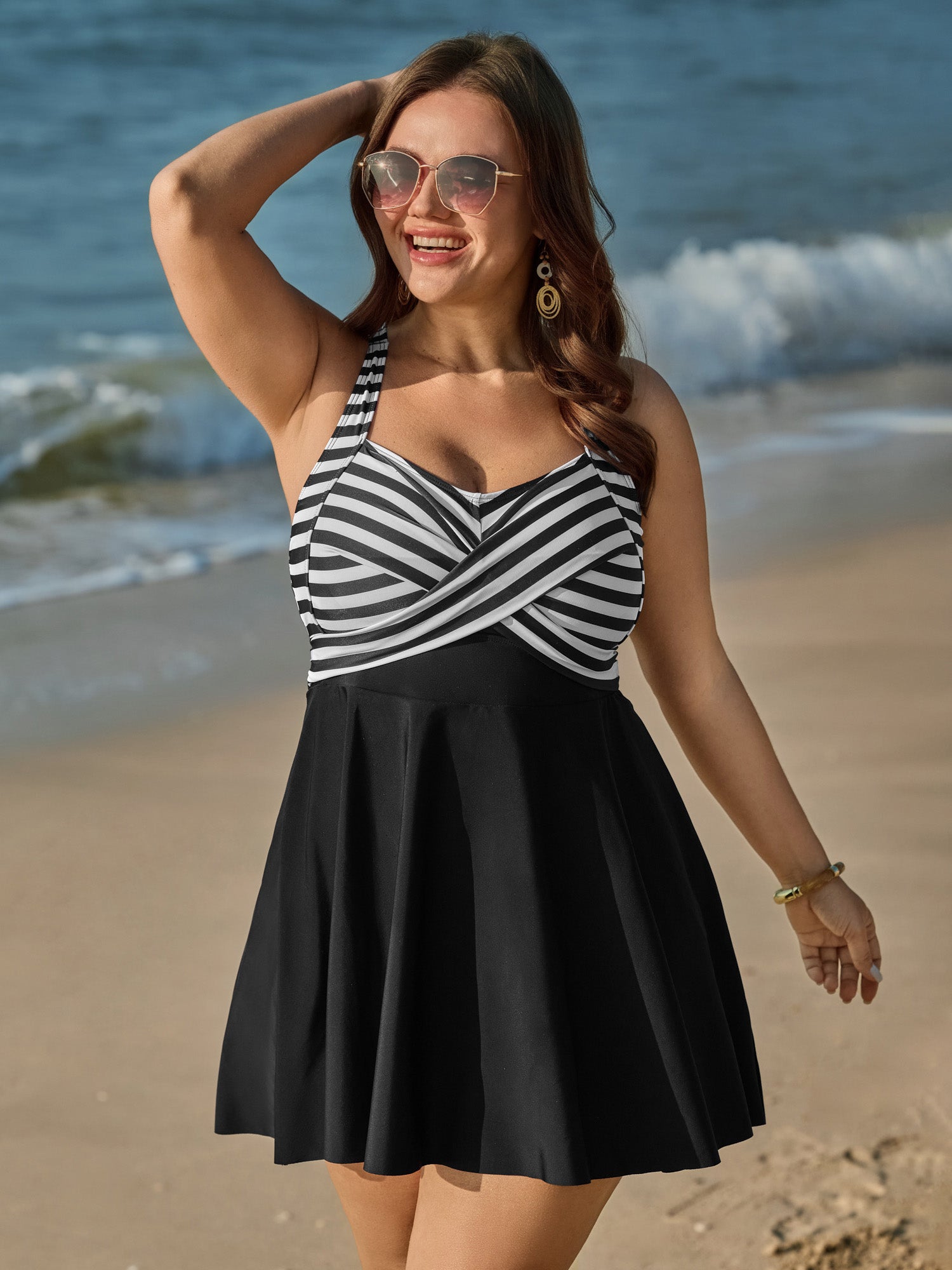 Striped Contrast Twist Front Swim Dress