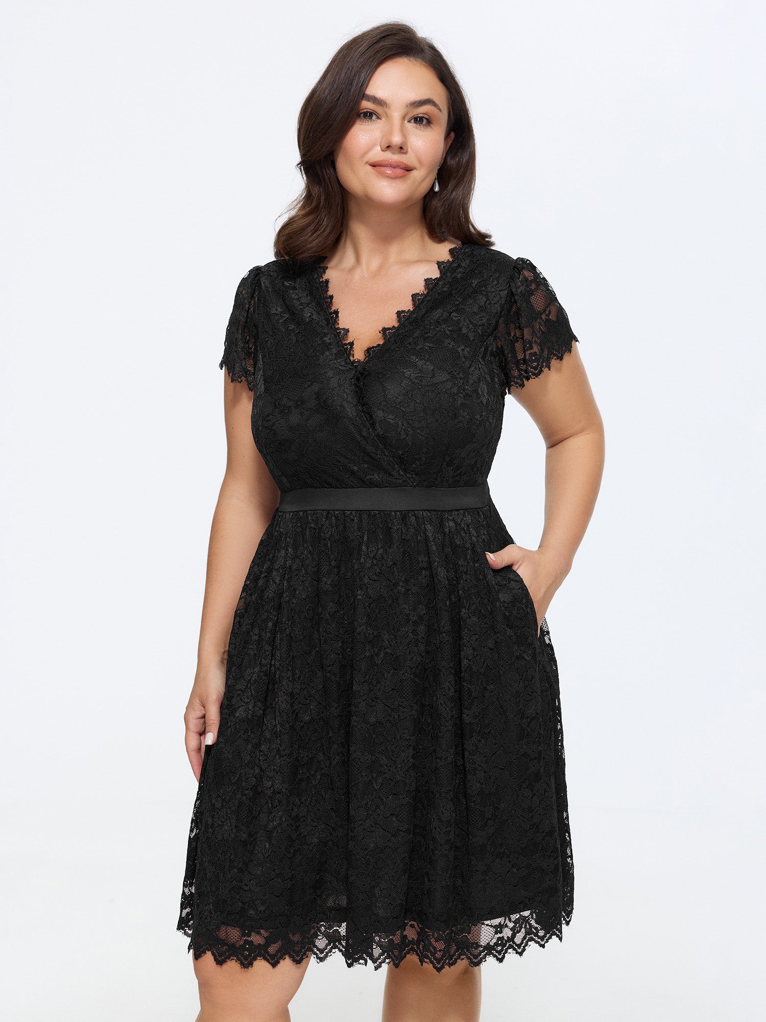 Stretchy Solid Lace Mesh V Neck Mini Dress