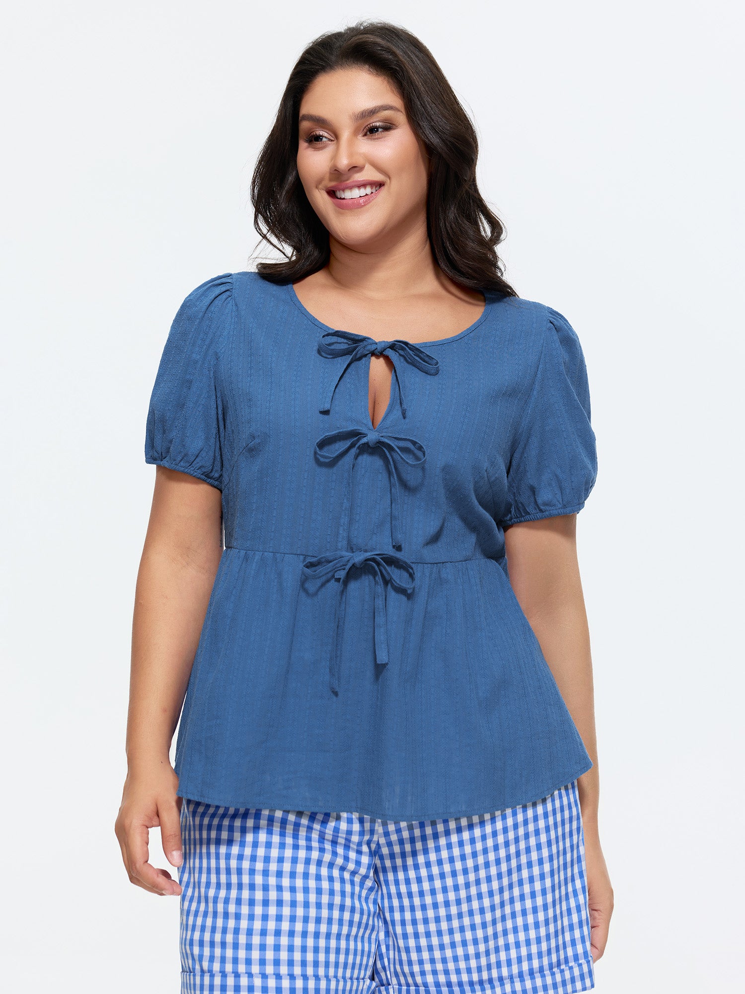 Cotton Front-Tie Puff Sleeve Blouse