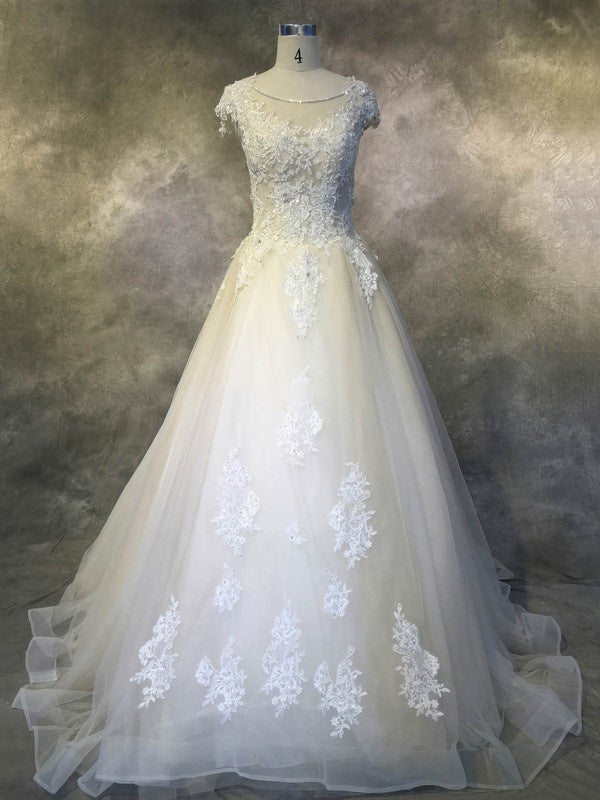 Deluxe Lace Capped Crew Neck Tulle Cathedral Train Ball Gown Wedding Dresses