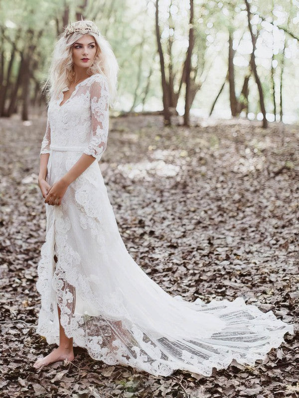Fabulous Chapel Train A-Line V-Neck 3/4 Long Sleeves Lace Tulle Wedding Dresses with Sash