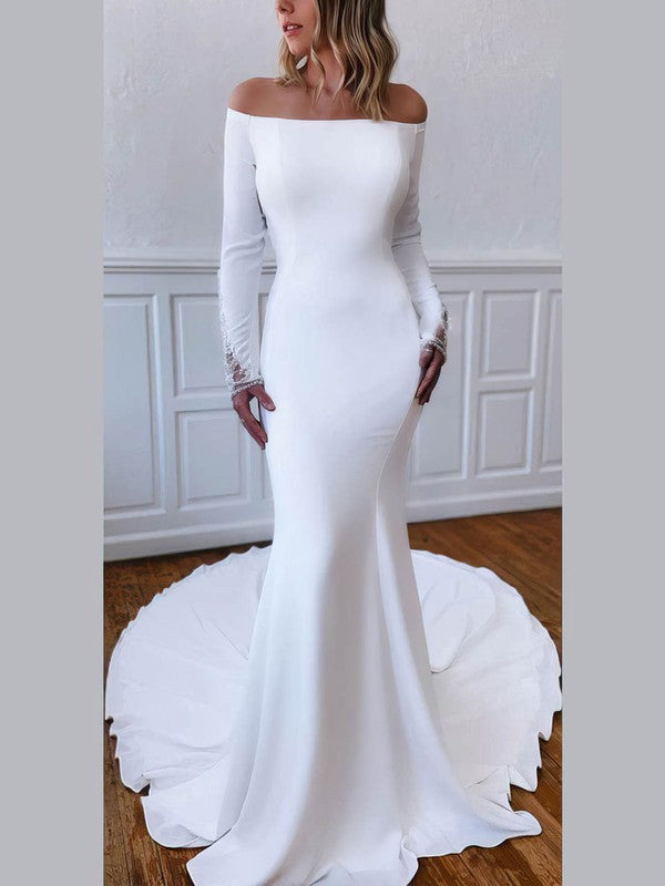 Elegant Trumpet Off-The-Shoulder Stretch Satin Chapel Train Wedding Dresses