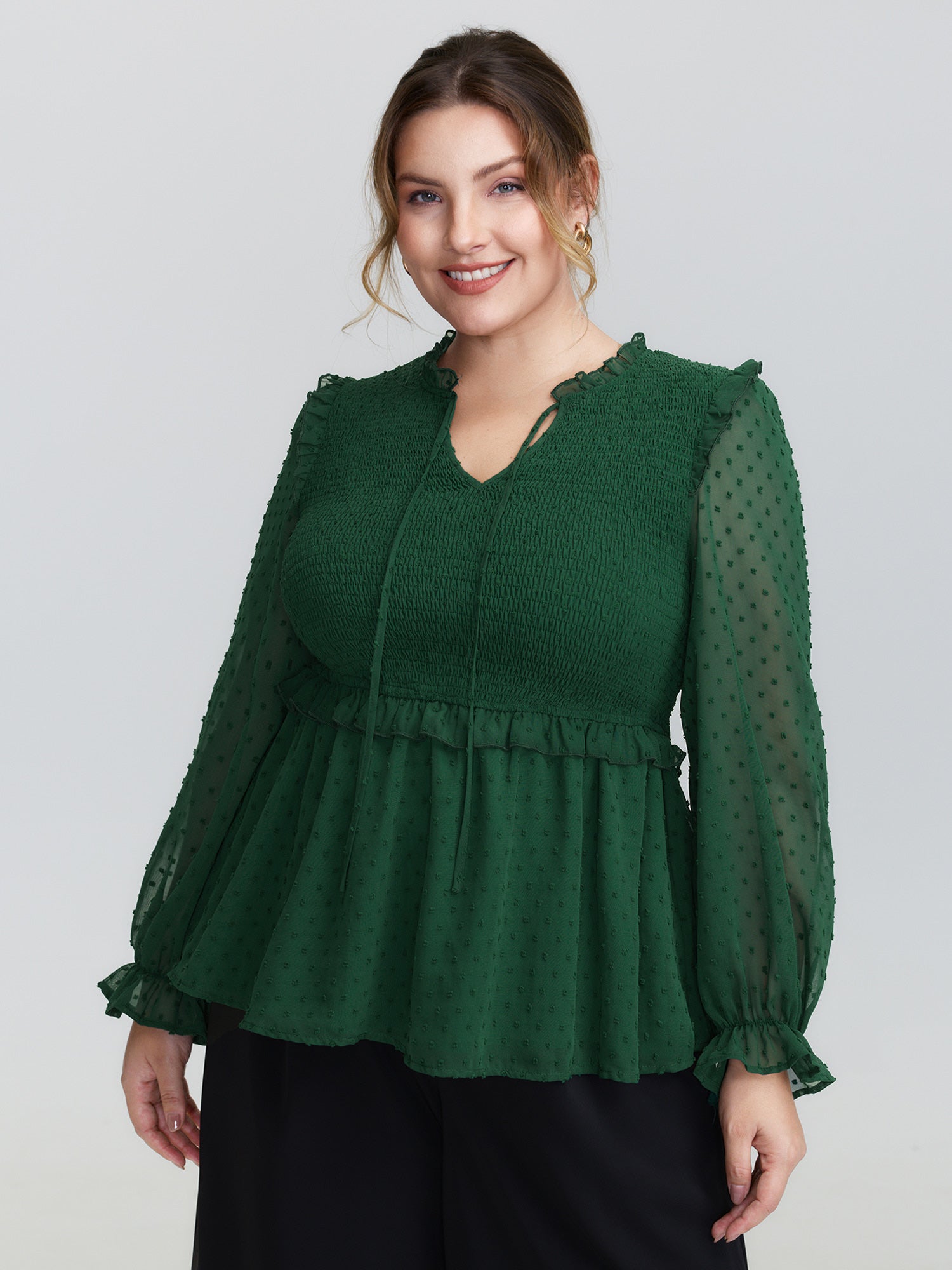 Shirred Textured Neck-Tie Blouse