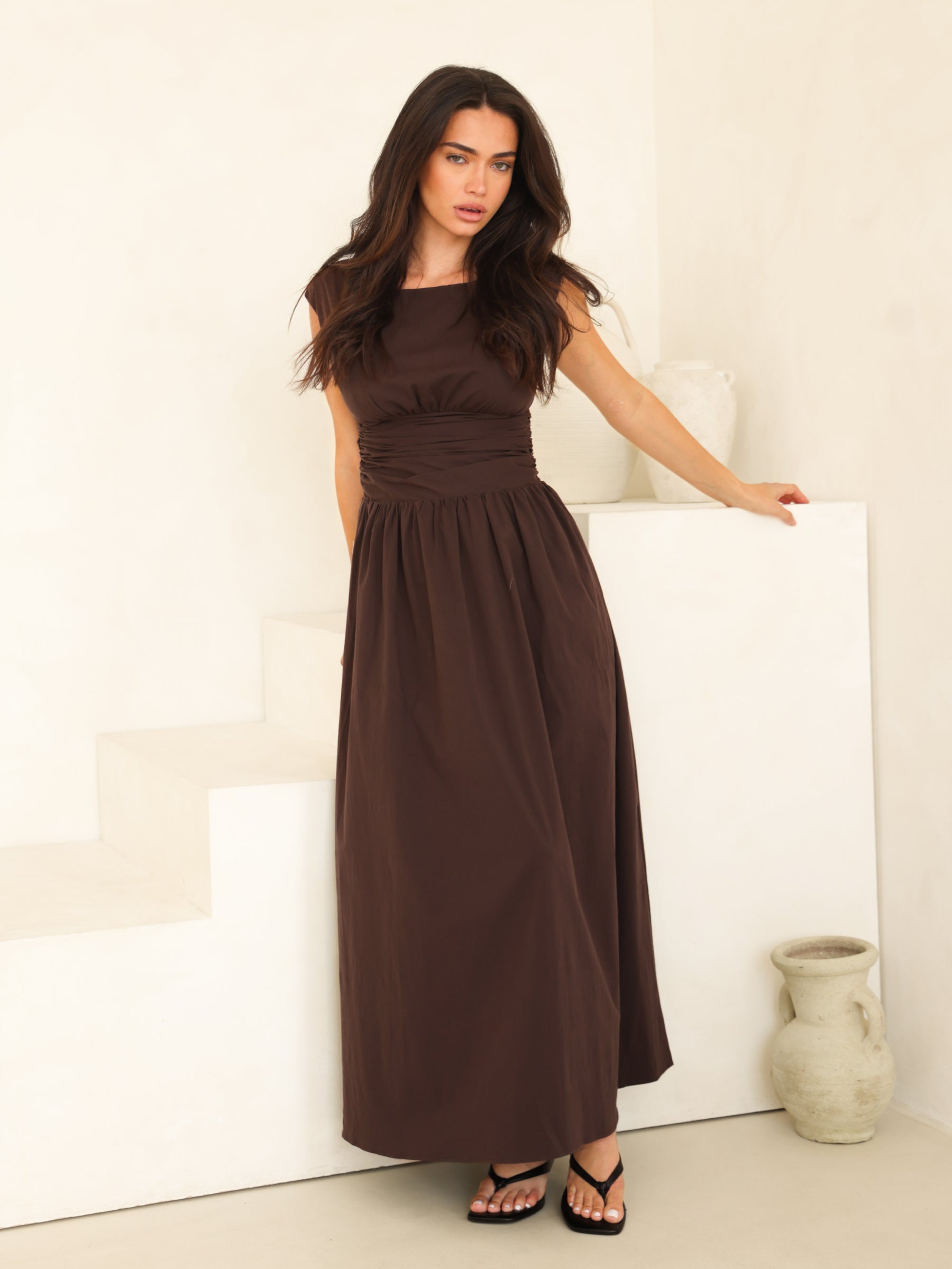 Kaia Poplin Maxi Dress - Mocha Brown