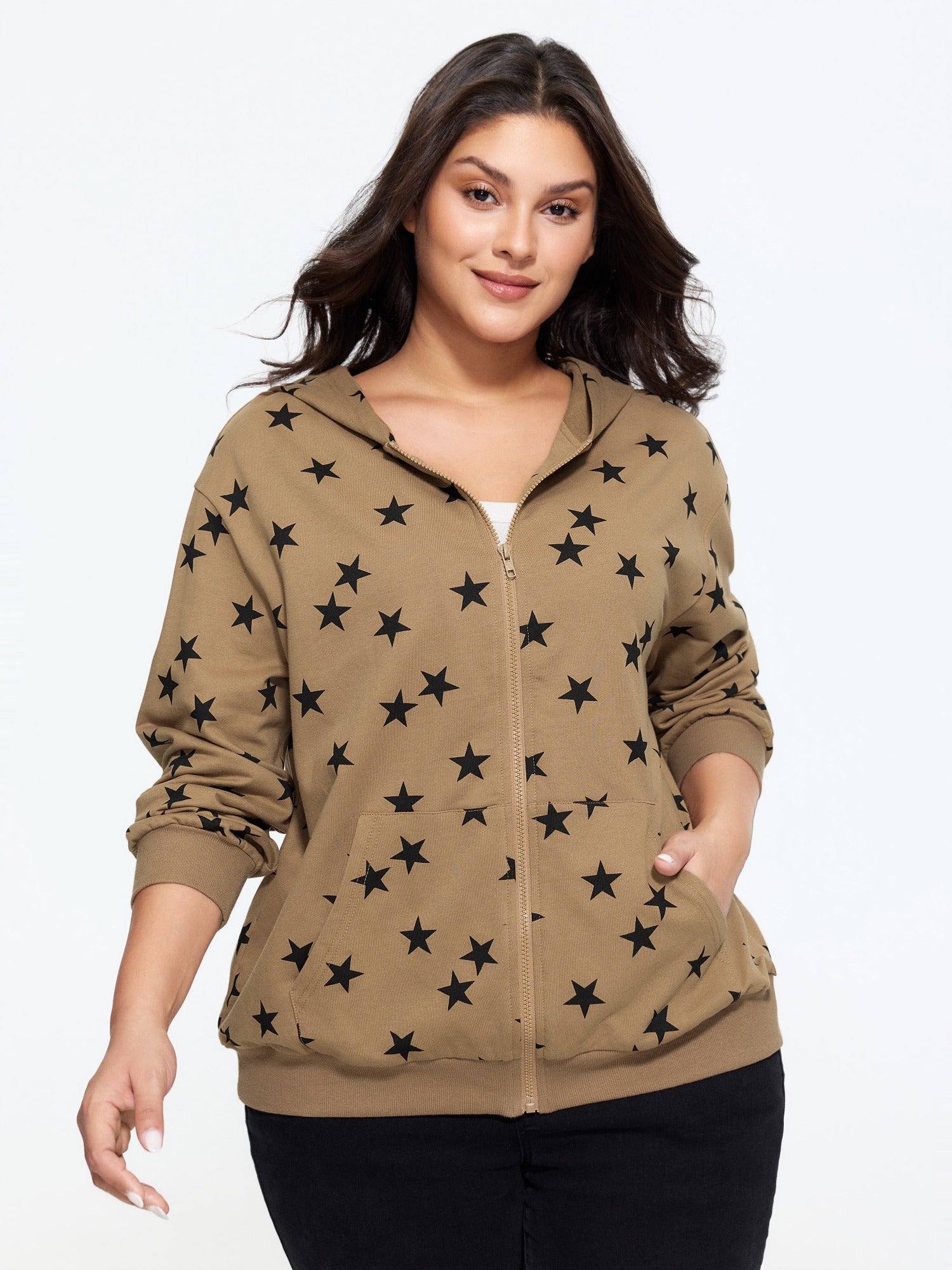Cotton Star Print Pocket Casual Zip Hooded