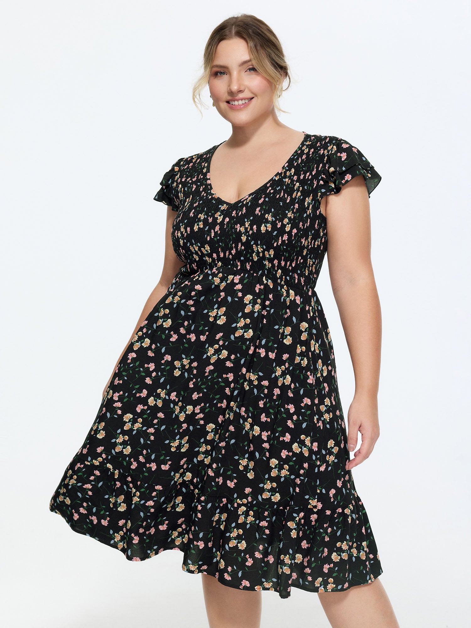 Floral Print V-Neck Ruffled Sleeve Mini Dress