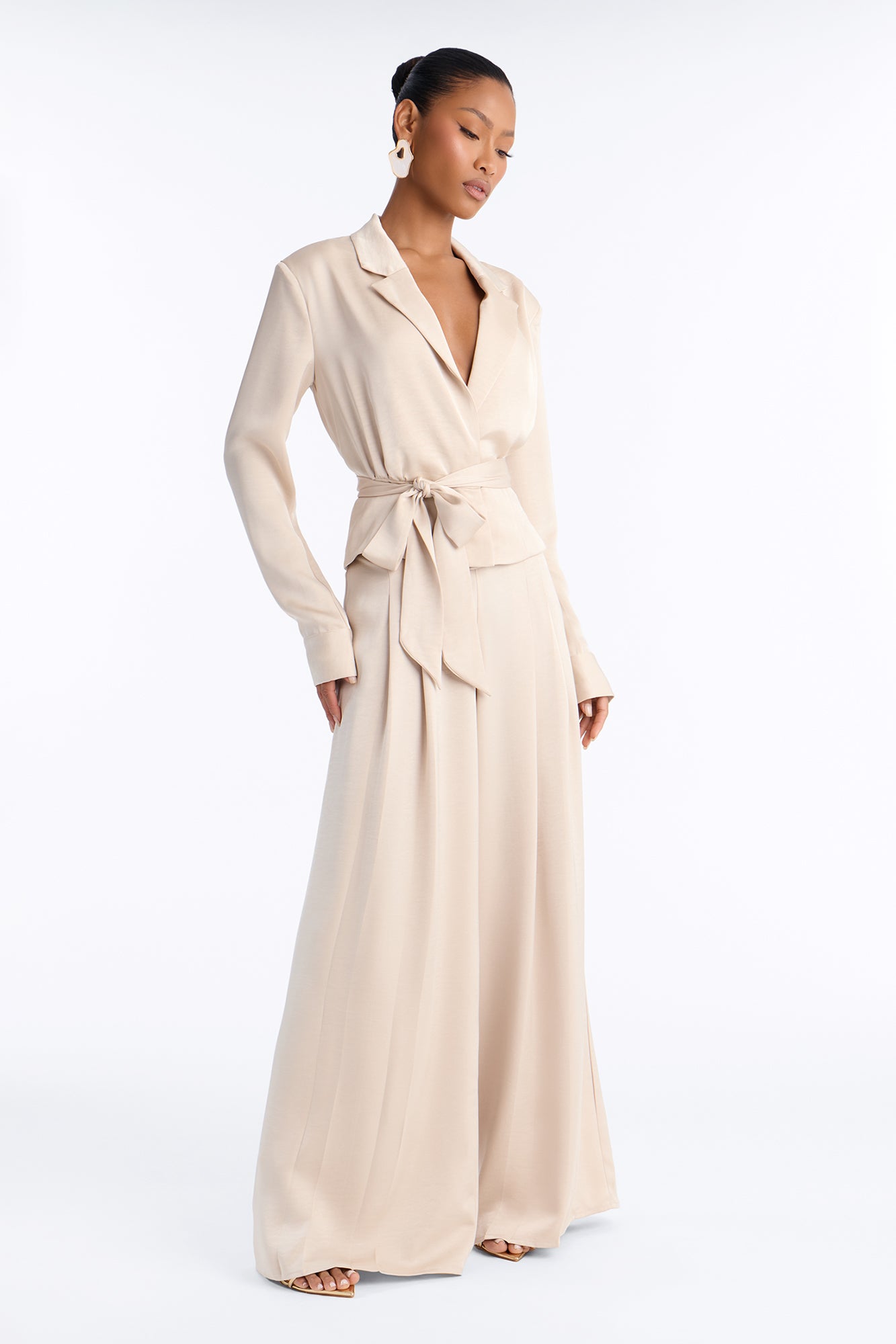 Alessia Pleated Satin Pant Set - Champagne