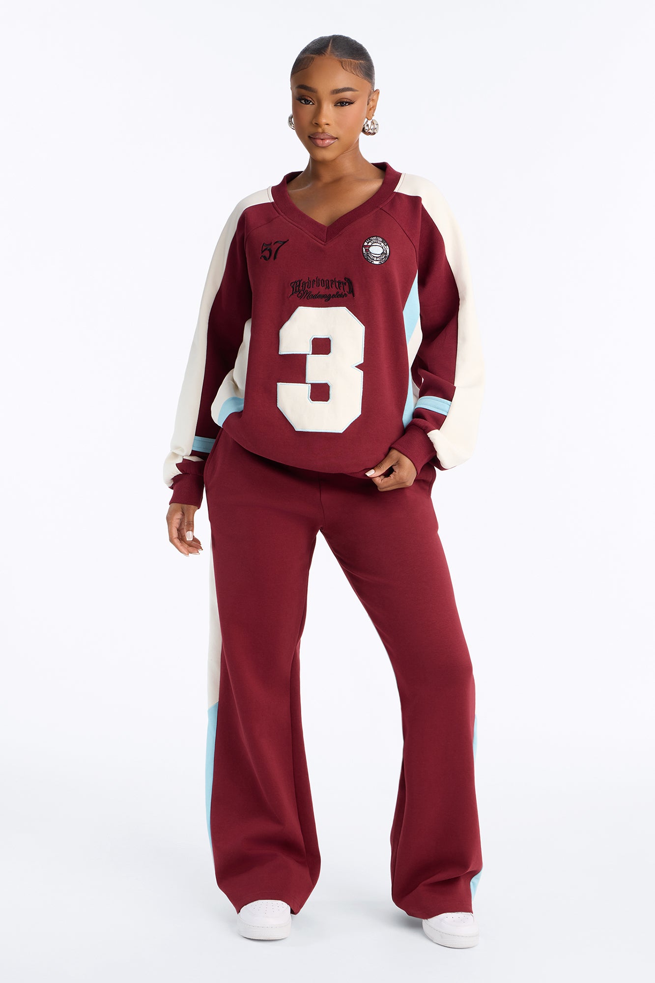 Saylor V Neck Fleece Pant Set - Burgundy/combo