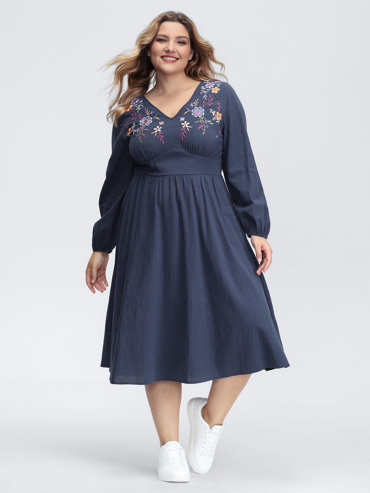Pure Cotton Embroidered Neckline Midi Dress