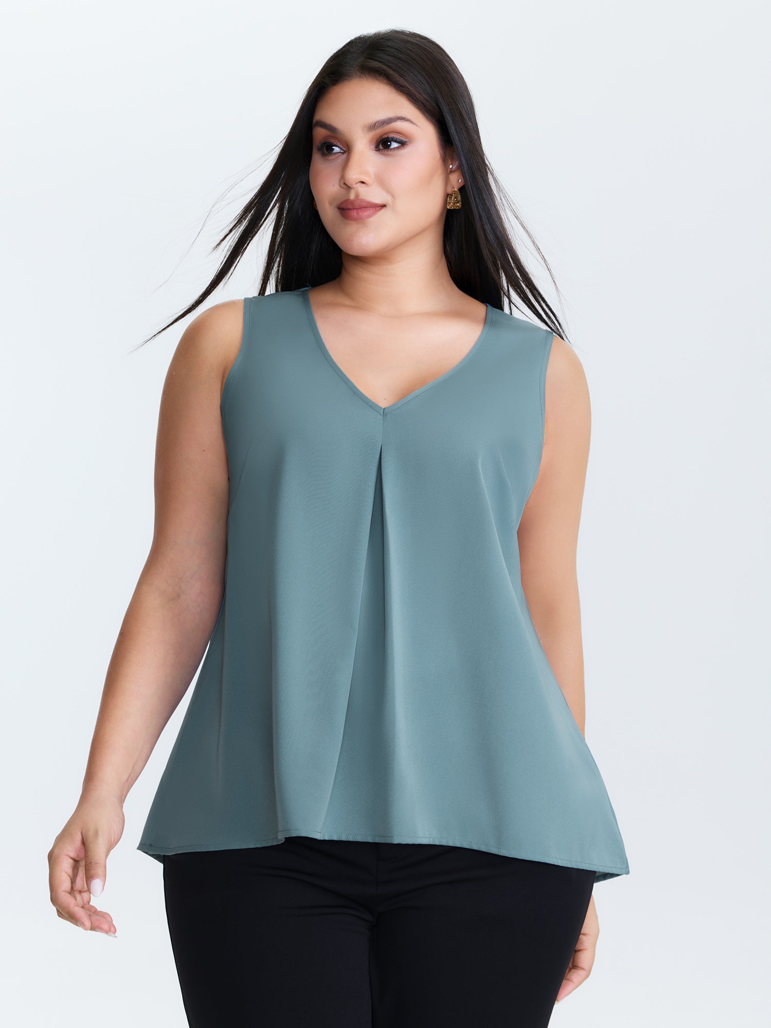 Pleated V-Neck Flowy Plain Blouse